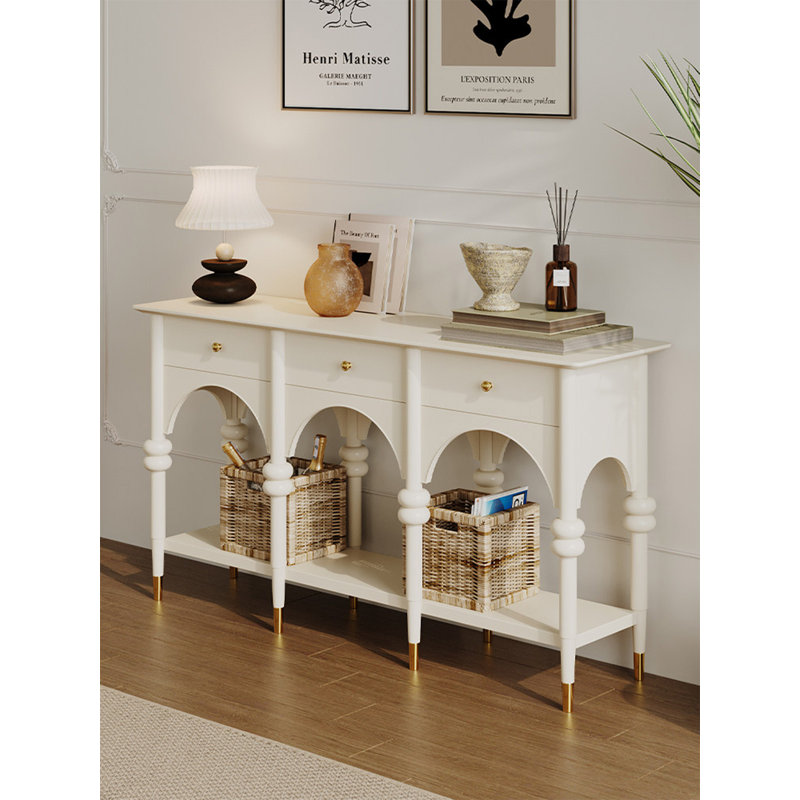 Console élégante à 3 sections blanc crème, rangement ouvert et tiroirs pour le couloir