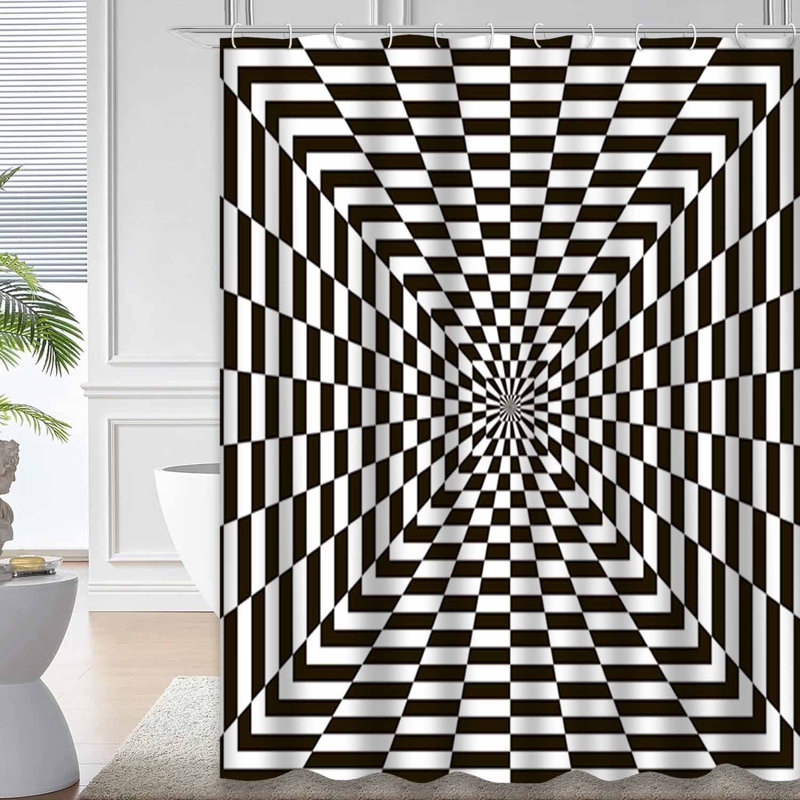 Rideau de douche optique abstrait blanc rétro avec 12 crochets, L 72 po x l 84 po