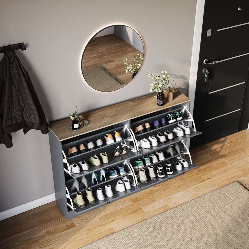4 Drawer Shoe Cabinet with Oak Top Modern Shoe Storage For Hallway Living Room & Bedroom, Grey/Oak