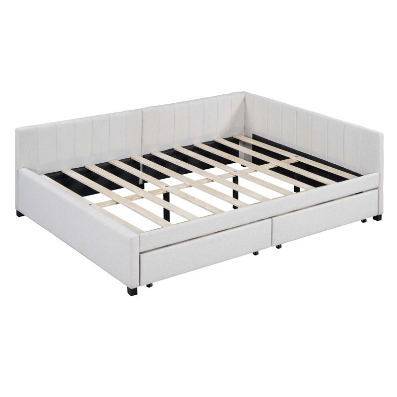 Upholstered Daybed With 2 Storage Drawers Sofa Bed Frame No Box Spring Needed, Linen Fabric, Beige