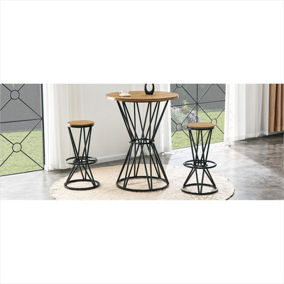 3-Piece Industrial Bar Table and Chair Set, Deep Black Metal Frame with 31.5-Inch Round Wood Grain MDF Top, Compact for Small Kitchens