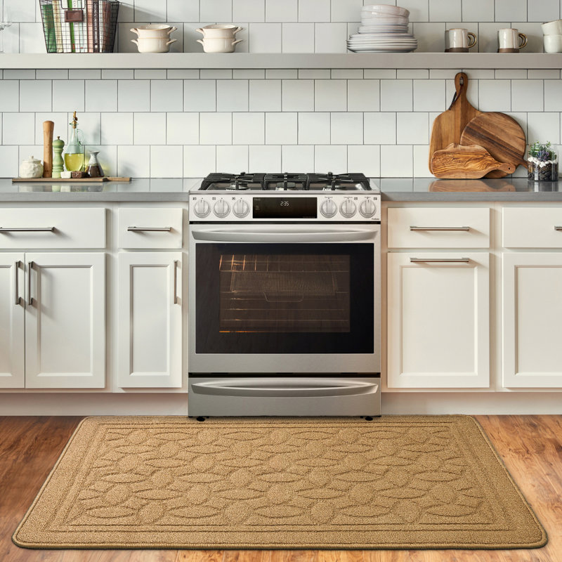 Floral Water Resistant Non-Skid Kitchen Mat, Runner 1'6" x 4'11", Khaki