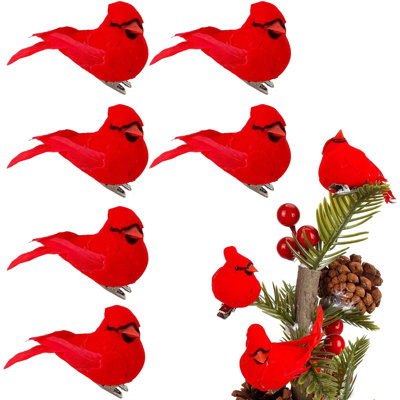 6PCS Artificial Red Cardinal Birds Clip On Christmas Tree Ornaments