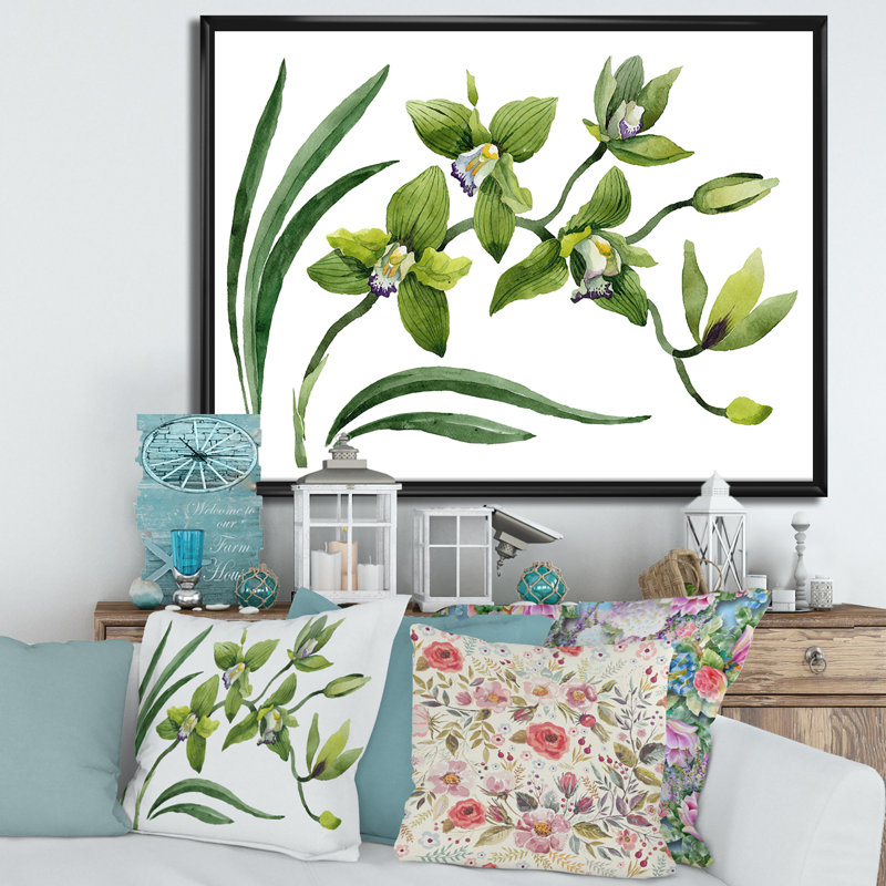 Fleurs d'orchidées vertes - peinture sur toile, H 24 po x l 32 po x P 1 po, Cadre flottant noir