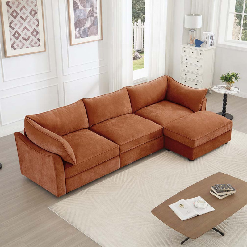Causeuse en chenille à 3 places avec excellent espace de rangement et 1 repose-pieds mobile, Chenille orange