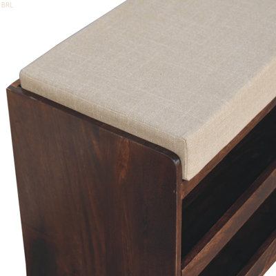 Banc rembourré en bois massif noyer et lin boue, 2 tablettes
