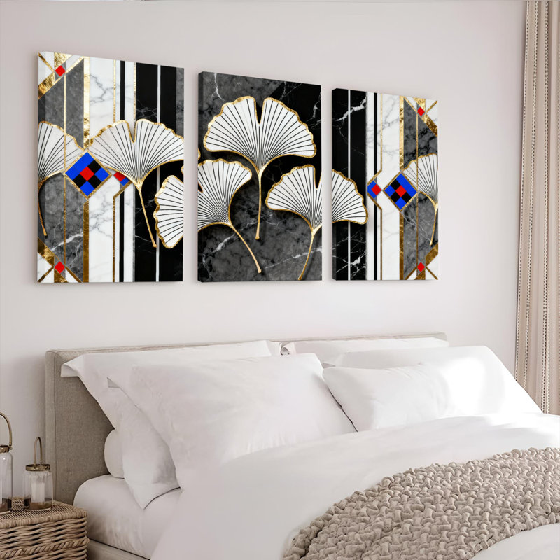 Tableau abstrait sur toile tendue, motif feuille de ginkgo et géométrie, fond marbré moderne (paquet de 3), H 18 po x l 36 po