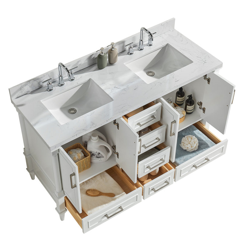 Ensemble de meuble-lavabo double autoportant 60 po avec 2 poignées entièrement assemblé