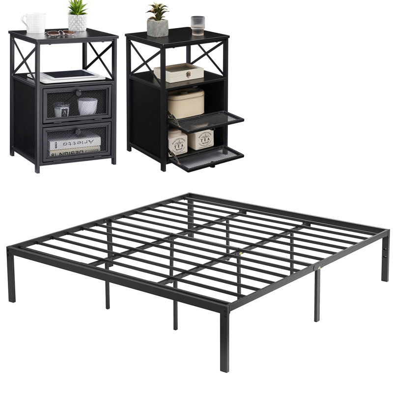 Ensemble de chambre avec lit plateforme et table de chevet en métal 3 pièces Blinni, Noir, Très grand