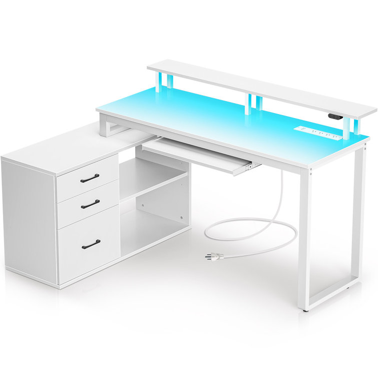 Ameliore 55.1" L Shaped Computer Desk with File Drawer, LED Lights and Keyboard Tray