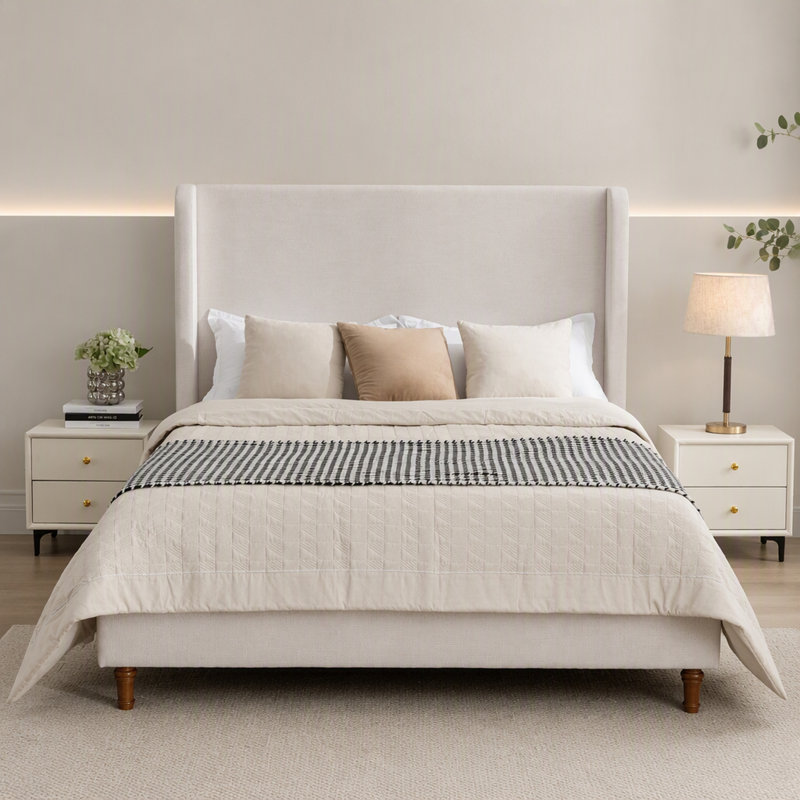 Lit plateforme capitonné avec tête de lit haute King Size, toile texturée ivoire de 137 cm de haut, cadre de lit capitonné moderne