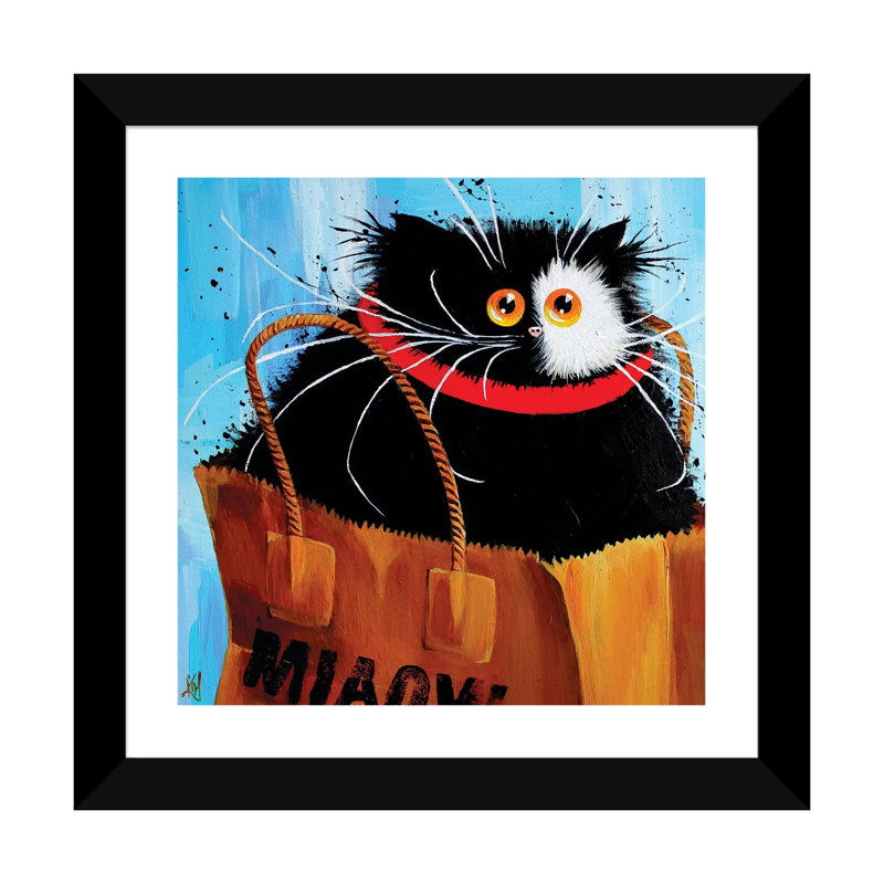 «Miaow Bag» par Kim Haskins - reproduction d'art, Blanc, H 16 po x l 16 po x p 1 po, Papier encadré noir