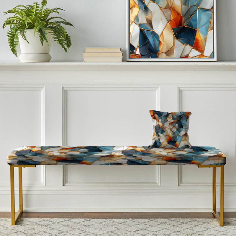 Futuristic Marble Mosaic - Marble Upholstered Gold Bench, Orange/Teal