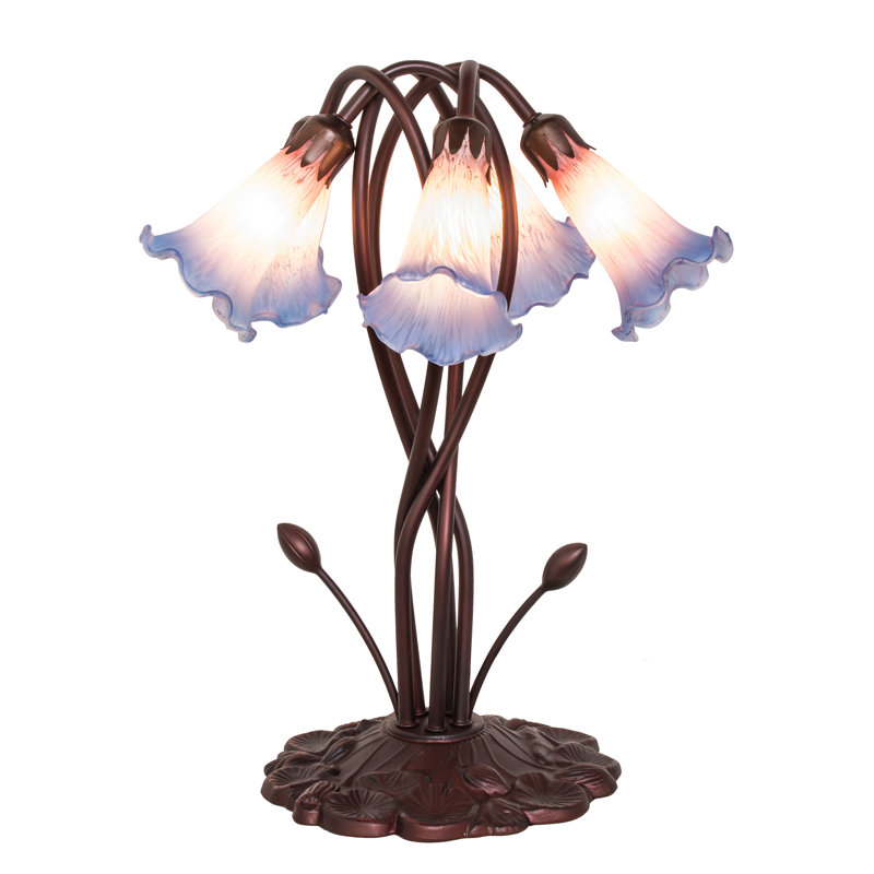 17" High Pink/Blue Tiffany Pond Lily 5 Light Accent Lamp, Pink/Blue, Rocker