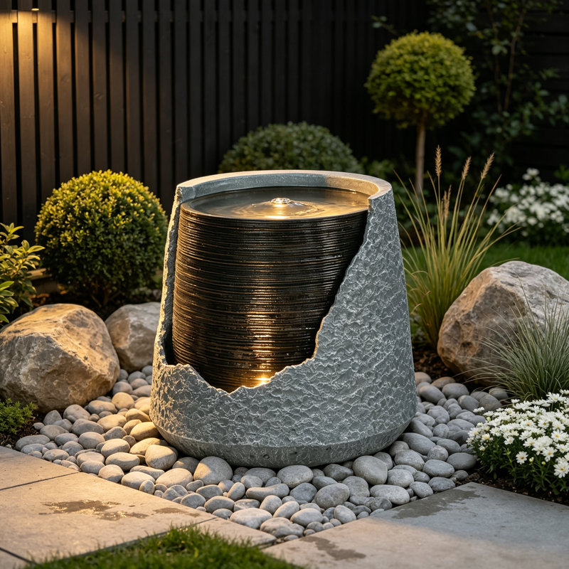 Fontaine d'intérieur/extérieur en polyrésine grise en forme d'urne brisée, élément décoratif moderne et contemporain avec éclairage pour jardin, pelouse, cour ou porche