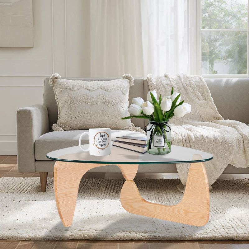 Table basse en verre transparent avec base Novelty, Bois naturel