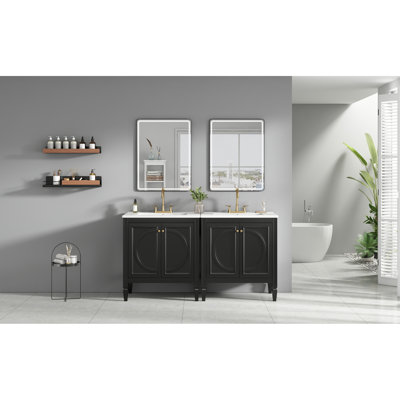 Ensemble de meuble-lavabo 60 po avec lavabo double 60 po, lavabo en céramique, portes à fermeture en douceur avec tablette, tiroir de rangement, noir, meubles-lavabos, meubles-lavabos