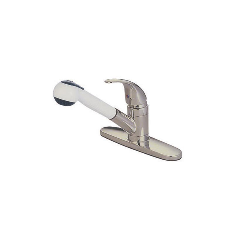 Daytona Single Handle Centerset Kitchen Faucet with Pull Out Spray with Legacy Handle, Satin Nickel/Polished Chrome