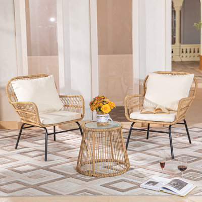 2 - Person Boho Patio Wicker Seating Group Dining Set with Cushions Rattan Bistro Set with Round Table