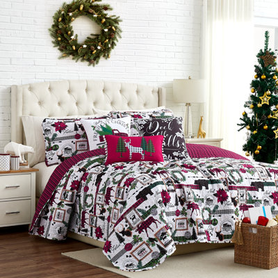 Ensemble de courtepointe réversible en microfibre rouge / blanc Merry Town