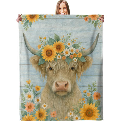 Rustic Sunflower Highland Cow Blanket, Plush Soft Lightweight Warm Cozy Flannel 40×50 inch Country Farm Animal Throw Blanket for Couch, Travel, Bed, Outdoor, Gifts for Adults Kids