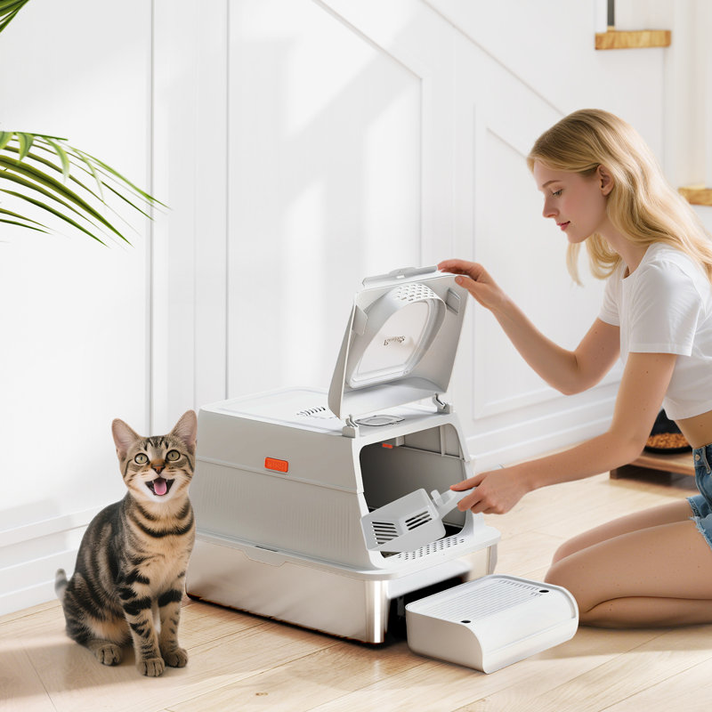 Bac à litière en acier inoxydable XL avec couvercle, bac à litière pour chat avec couvercle rabattable