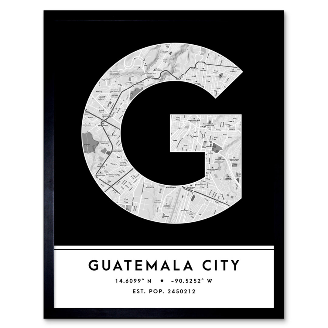 Guatemala City City Map Guatemala City Black & White by Wee Blue Coo - Single Picture Frame Typography