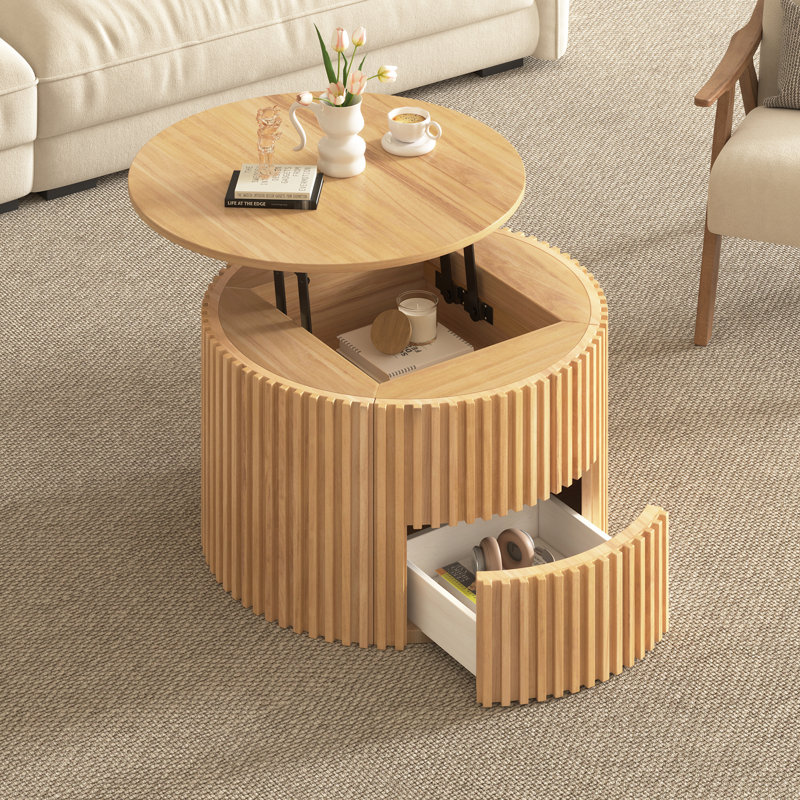 Table basse ronde à plateau relevable, table d'appoint moderne en bois cannelé avec rangement caché pour le salon