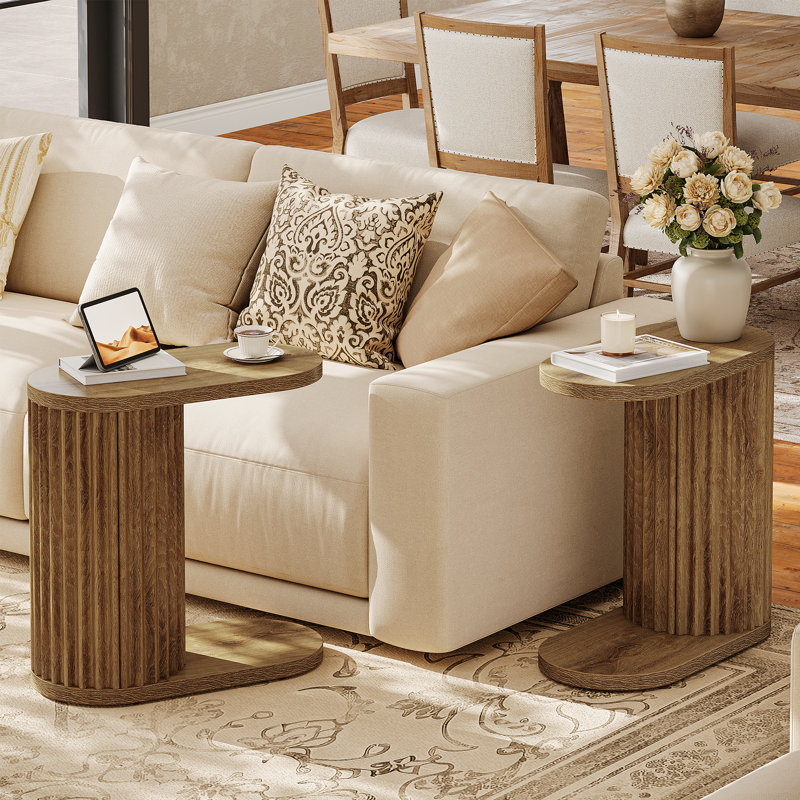 Narrow Fluted C-shaped End Table, Brown