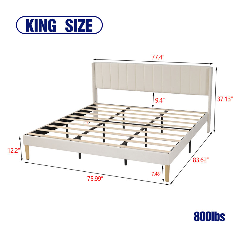 Upholstered Wingback Platform Bed, Beige, King