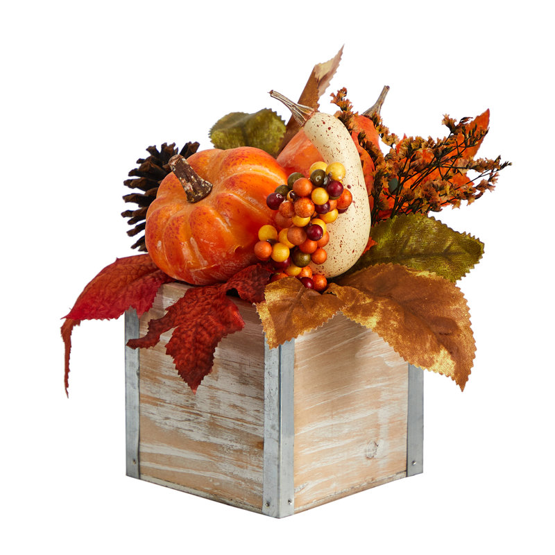 8'' Fall Pumpkin and Pinecones Artificial Arrangement in Weathered Wood Vase