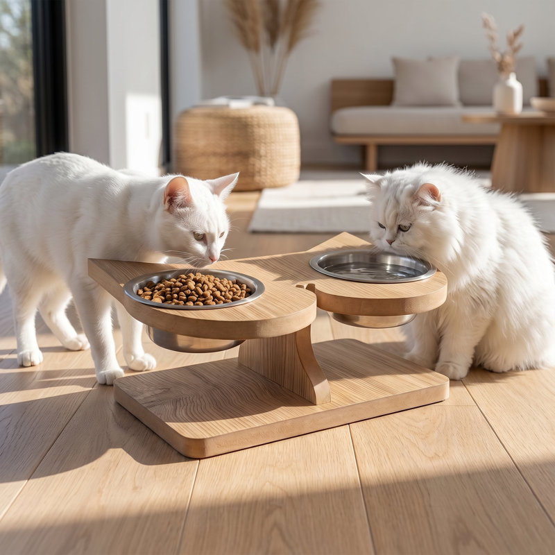 Gamelle double surélevée moderne sur le thème des chats, en bois naturel et argent (5,5'' de diamètre x 2,2'' de hauteur)