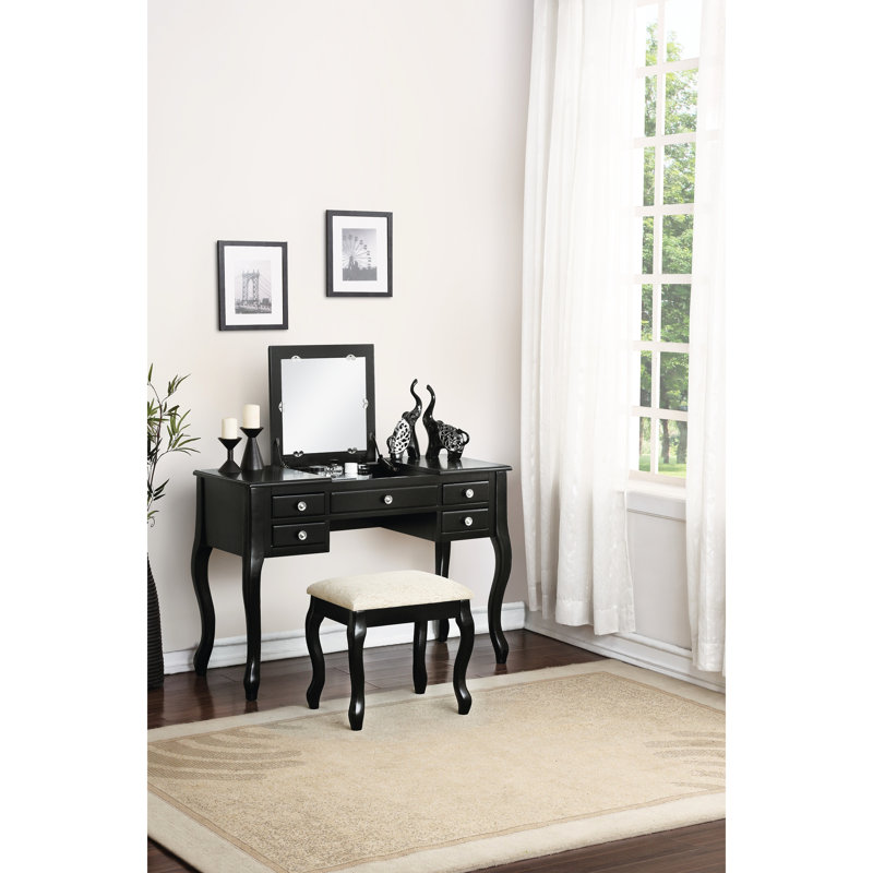 Meuble-lavabo classique avec tabouret, noir, plateau, contreplaqué, fini noir de chambre à coucher, bois d'hévéa, miroir ouvert, chic moderne