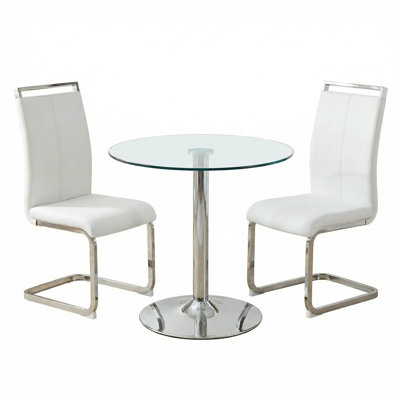 Amari 3-Piece Modern Round Tempered Glass Dining Set with Metal Pedestal and Cantilever Chairs