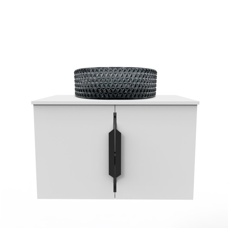 Wildsee 24" Floating Single Bathroom Gray Vanity Set With Clear Tempered Glass Vessel Sink, White, Black