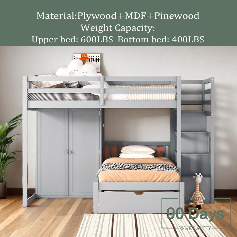Lit superposé double au-dessus de simple avec garde-robe et tiroirs, gris