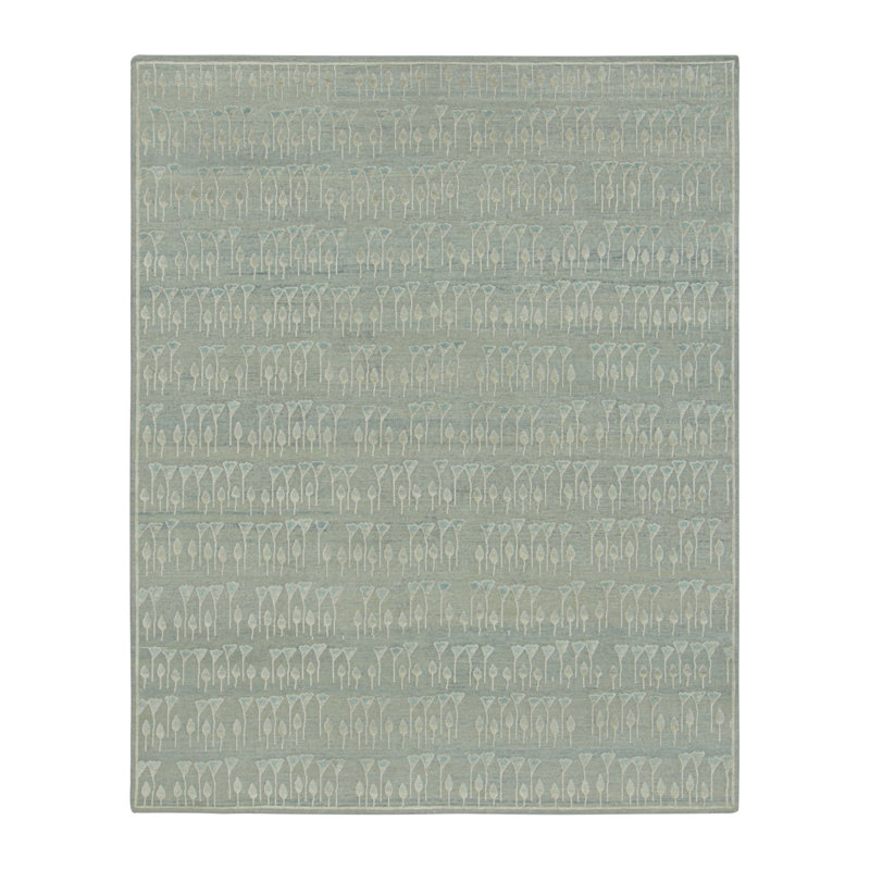 Rug & Kilim’S Block Print Custom Rug Design With Blue And Green Floral Patterns, Rectangle 6' x 9'