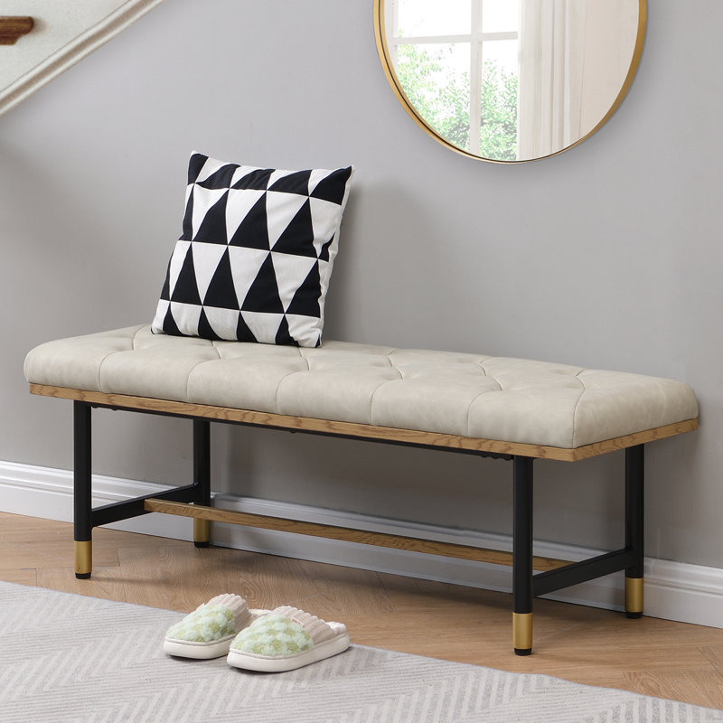 Beige Faux Leather Upholstered Bench with Gold Metal Shelf