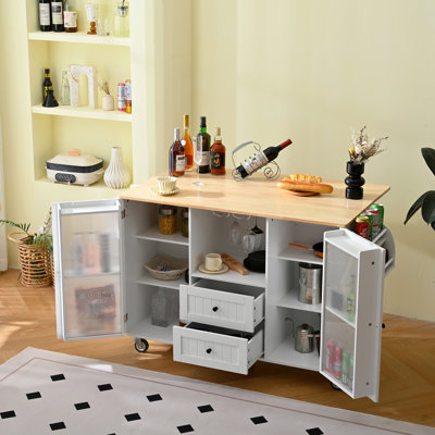 Kitchen Trolley Cart With Surface, 2 Drawers, - Door Storage Unit, Towel And Spice , White Finish, Rubberwood Top, 33.21 In Tall, 145Lbs Capacity Mobile Island On Wheels , Closet, Holder, Rack,