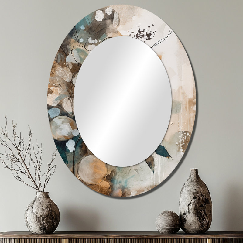 Brown And Green Abstract Bohemia - Brown Bohemian Oval Wall Mirror, 40" x 30"