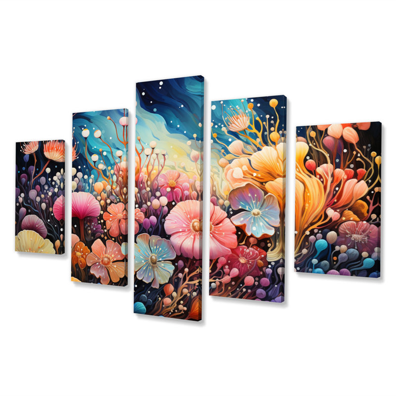 «Colorful Marine Animals Harmony II», reproduction d'art sur toile animaux marins - 5 panneaux