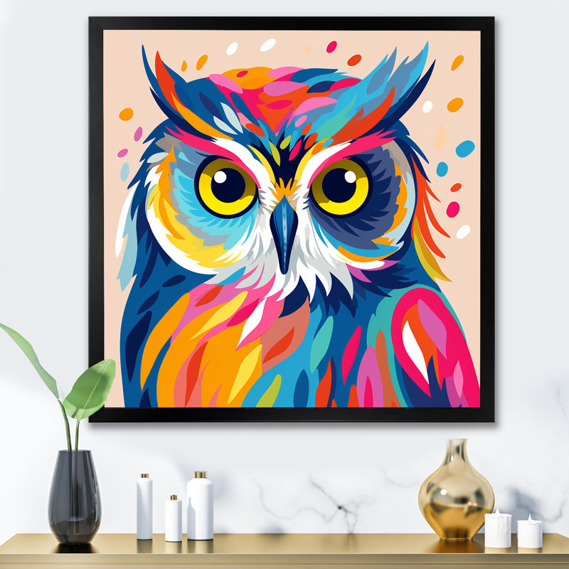 Chouette colorée Popart Watchers II - hibou, art mural animal, Cadre simple noir, H 16 po x l 16 po x P 1 po