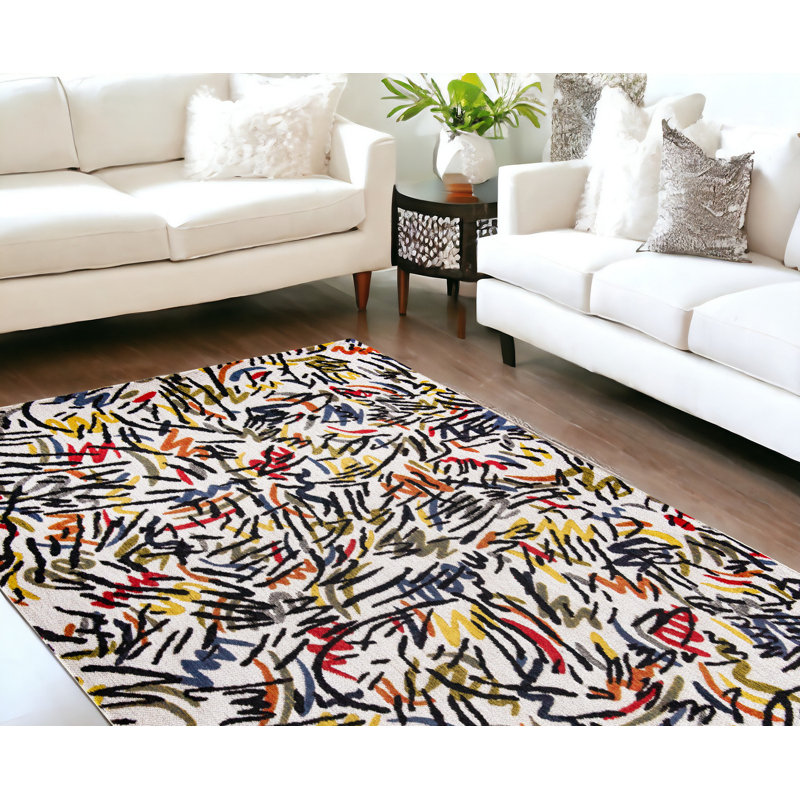 Tapis blanc antidérapant abstrait 9 pi x 13 pi