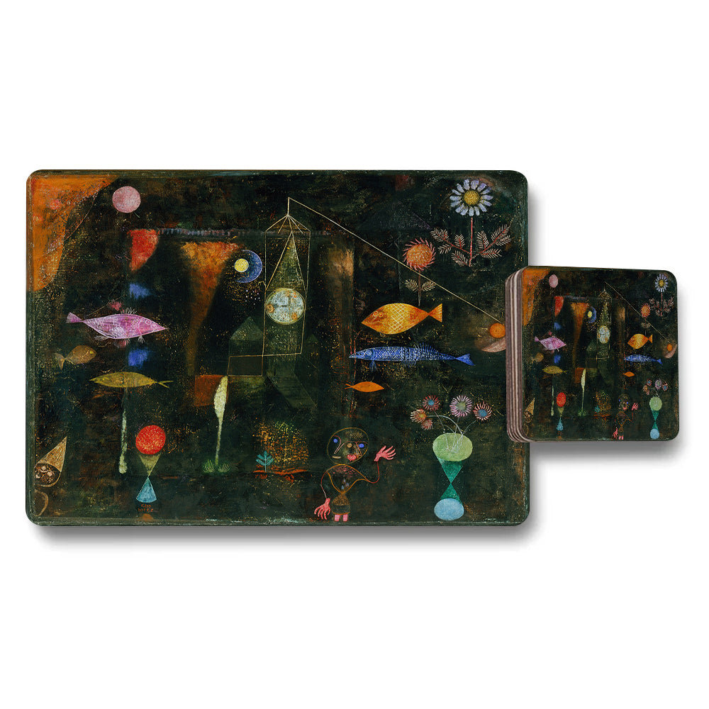 Abstract Fish Art Placemat And Coaster Set With Dark Gallery Theme