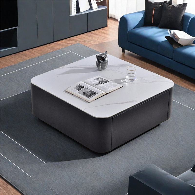 Table basse moderne simple carrée, H 15 po x L 35,4 po x l 35,4 po, Blanc, Noir, noir, noir, noir