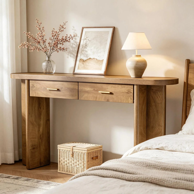 Farmhouse Oval Curved Entryway Table With 2 Drawers, 63 Inch Console Table, Country Chic Hall Table, Wood Sofa Table For Living Room