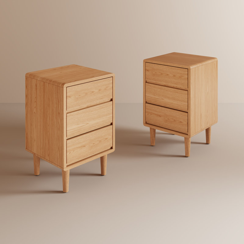 Set of 2 Solid Wood Mid-Century Modern Nightstands with 3 Drawers, Tan