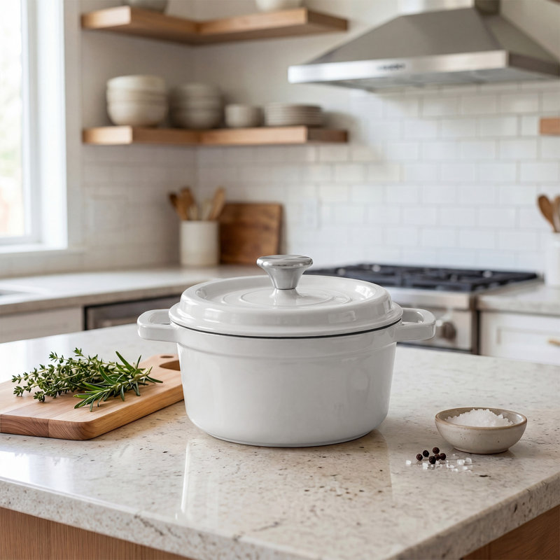 Living And Home 5L Cast Iron Stock Pot, 5 L, White