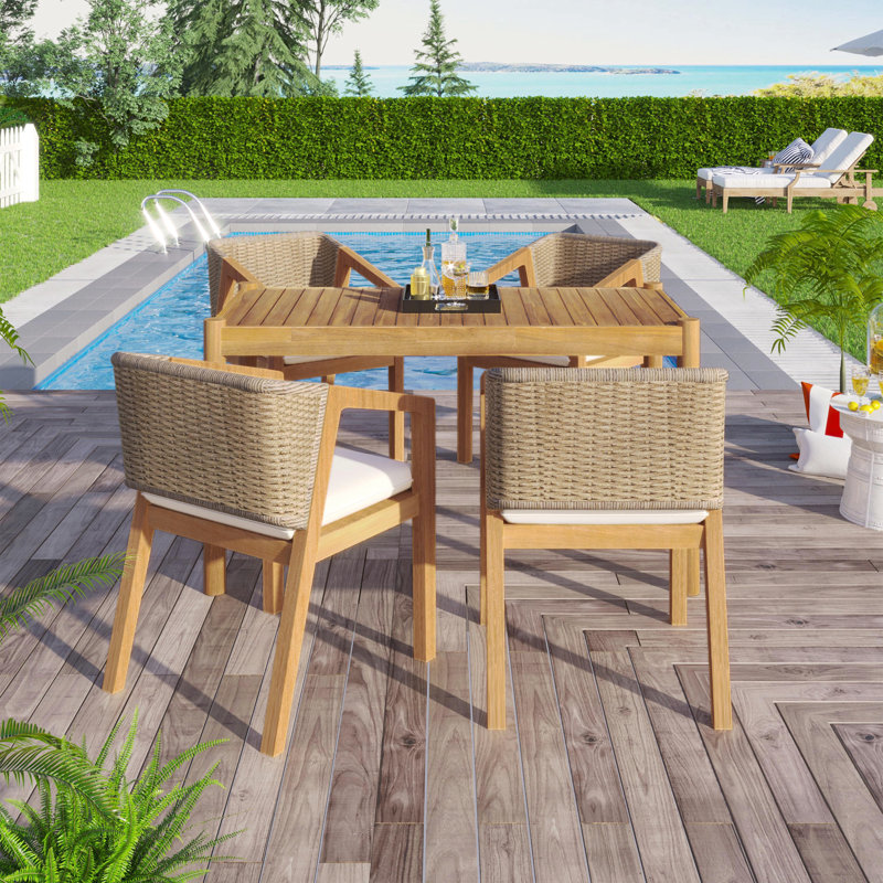 Ensemble de 5 chaises d'extérieur en bois d'acacia, 1 table et 4 chaises, teck et beige