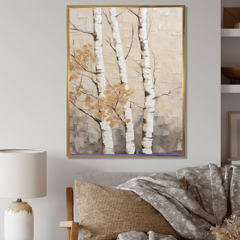 Beige minimalisme arbre bouleau III sur toile, H 44 po x l 34 po x P 1,5 po, Cadre flottant doré